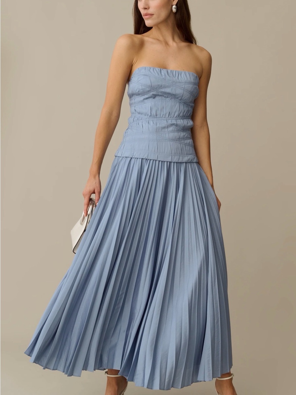Elegant Strapless Pleated Maxi Dress in Pale Blue by o.p.t